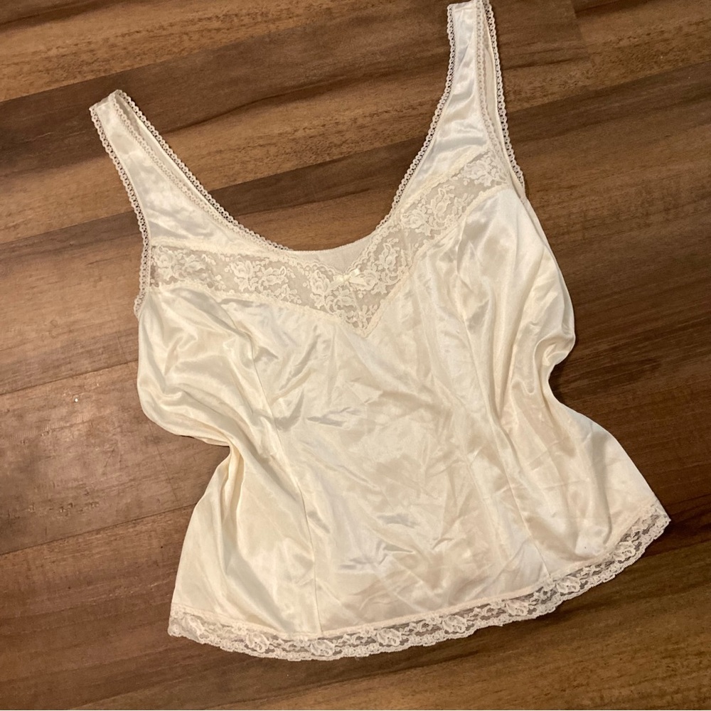 Vintage Ivory Nylon Slip Shirt with Lace Accents